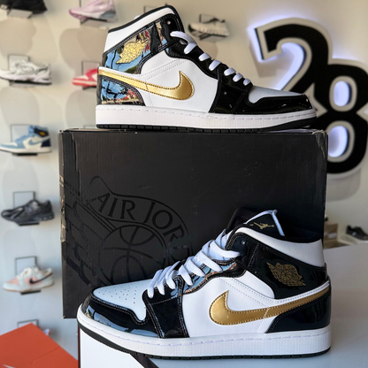 Jordan 1 Mid Patent Black White Gold (GS)
